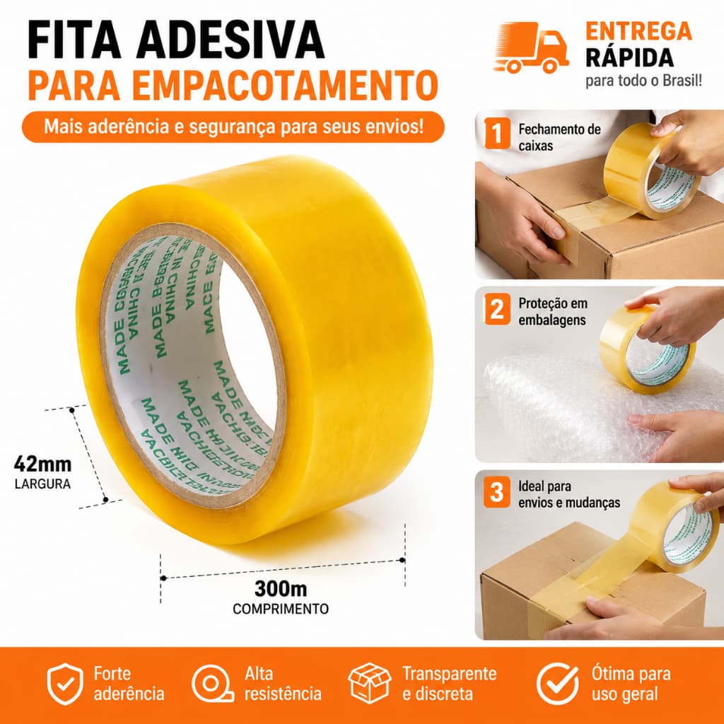 Fita Adesiva Transparente com  3 , 6 ou 12 unidades - 42mm x 300m