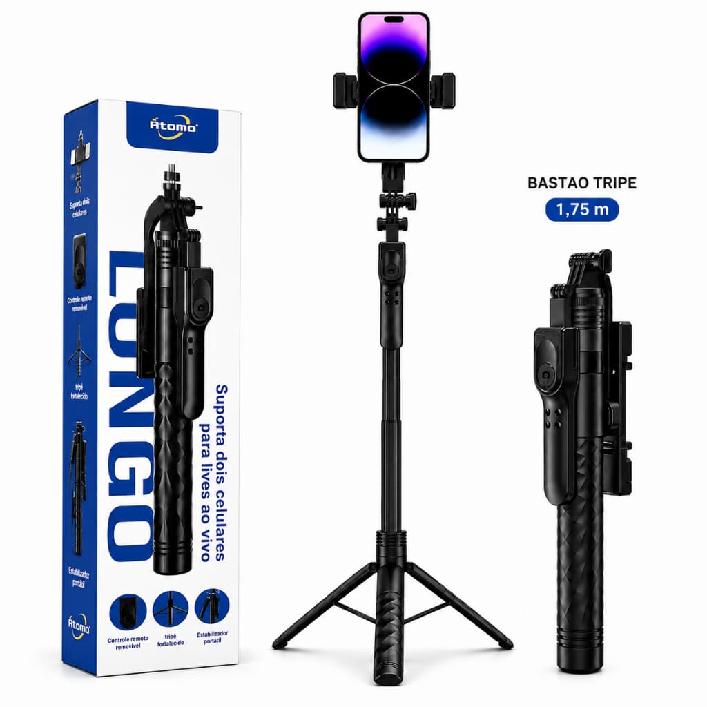 Bastão Tripé 1.75m  para Celular Live Video + Controle Bluetooth Para Gravar Video Clips Ml