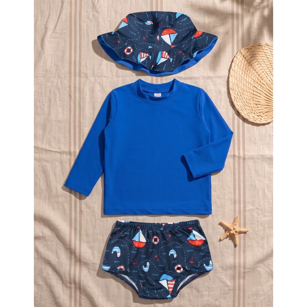 Conjunto Praia Bebê Proteção Uv 50+ Com Forro Menino 3 Peças