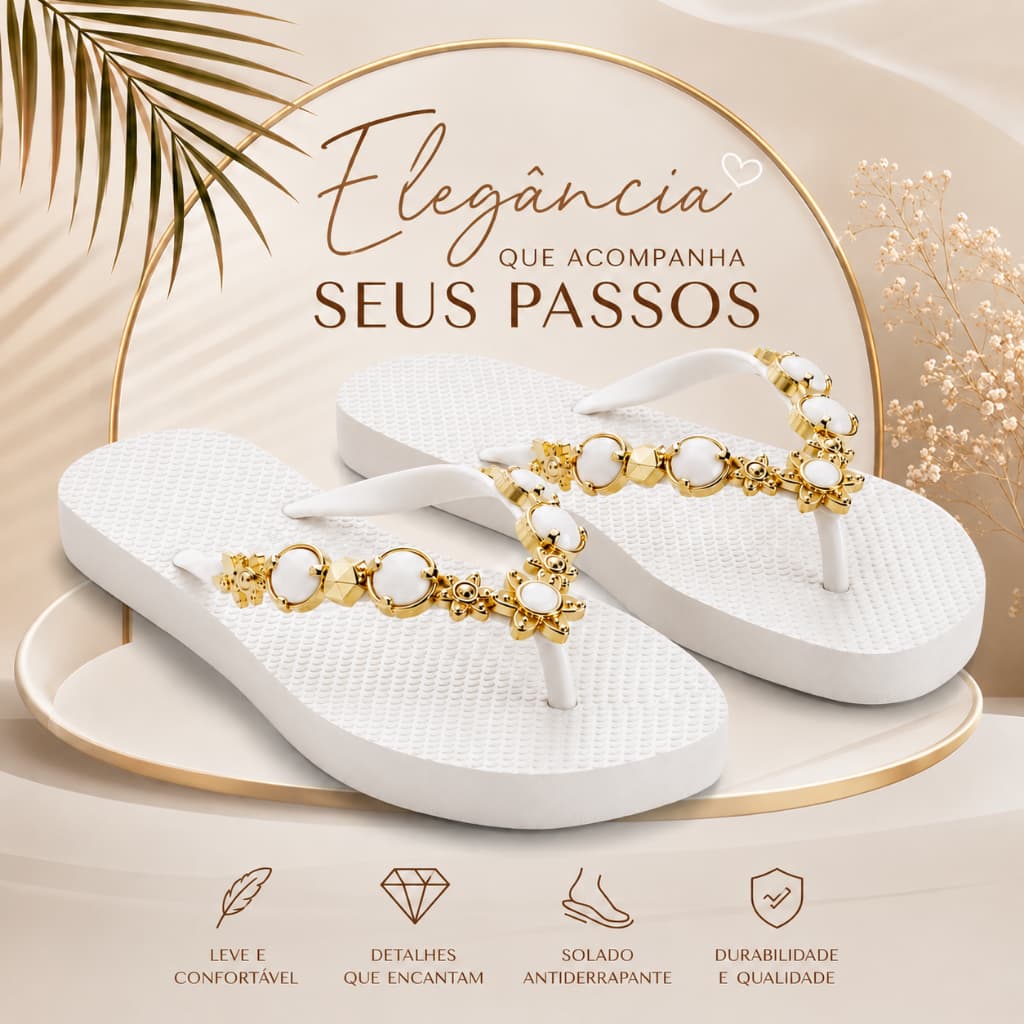 Chinelo Feminino Branco Pedraria Com Aplicação De Pedras Modelo Casual E Confortável