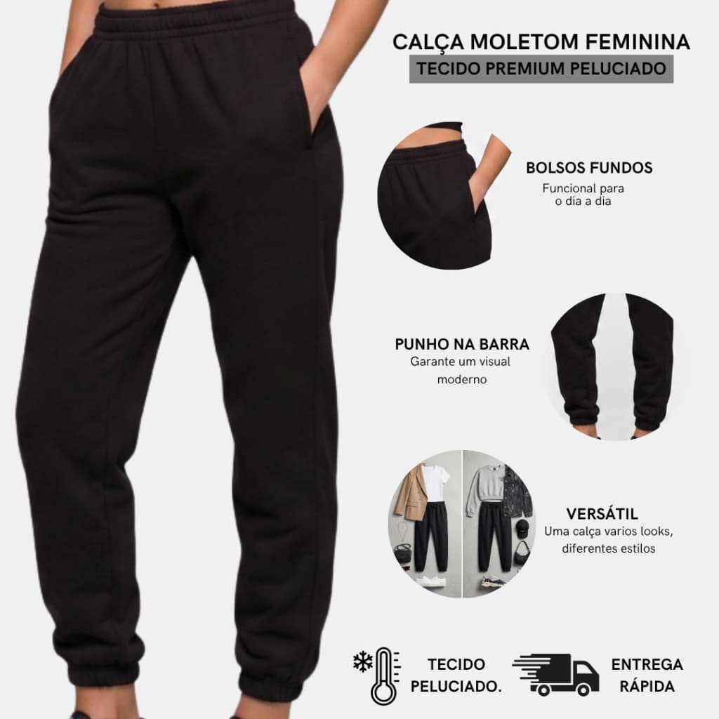 Calça Moletom Feminina Preta Inverno Quente Tecido Premium Peluciado Moderna Casual Confortável