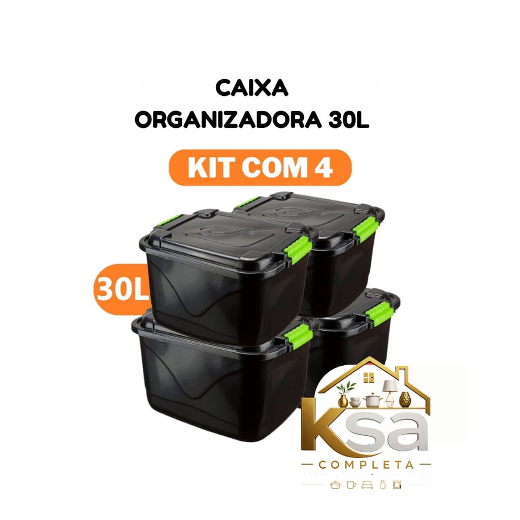 Kit 4 Caixa Organizadora Prática 30 Litros Preta Multiuso