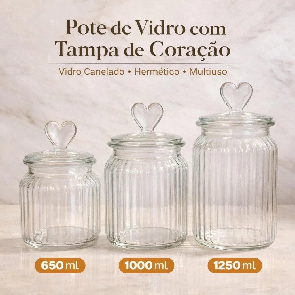 Potes de Vidro Hermético Com Tampa Formato Coração Canelado Elegante Ambiente Cozinha Sala Presente Lindo Resistente