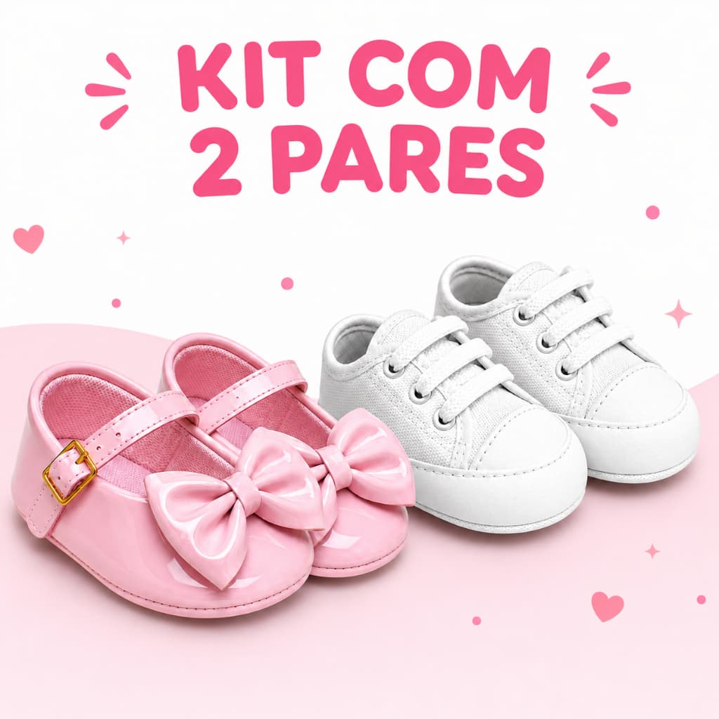 Kit 2 Pares Sapatinho Bebê Menina Tênis Branco + Sapatilha Rosa com Laço Macio Confortável 13 ao 18