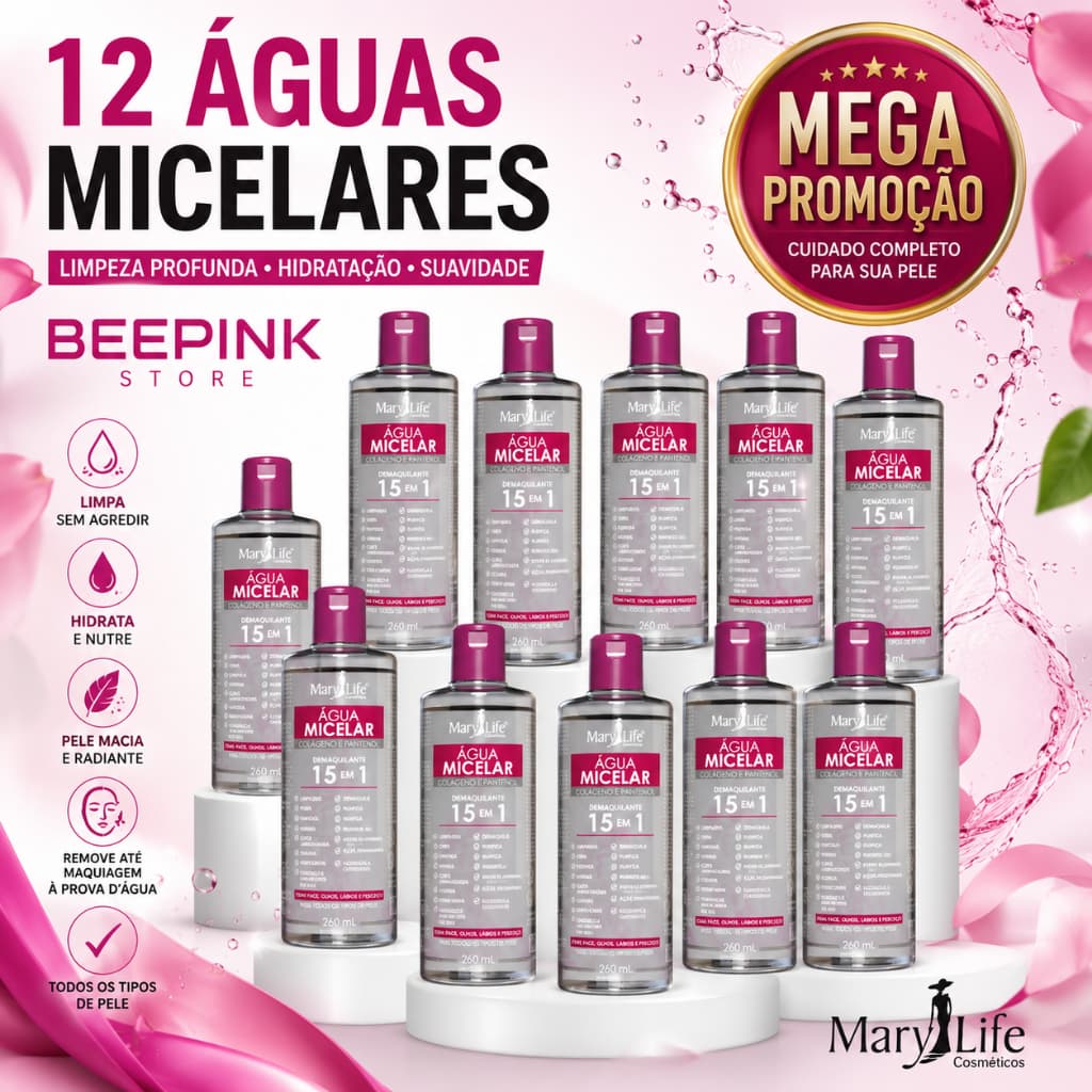 💧🛍️ SUPER COMBO: 12 UNID ÁGUA MICELAR MARY LIFE 15 EM 1 🔥 Mega Promoção Exclusiva 🔥