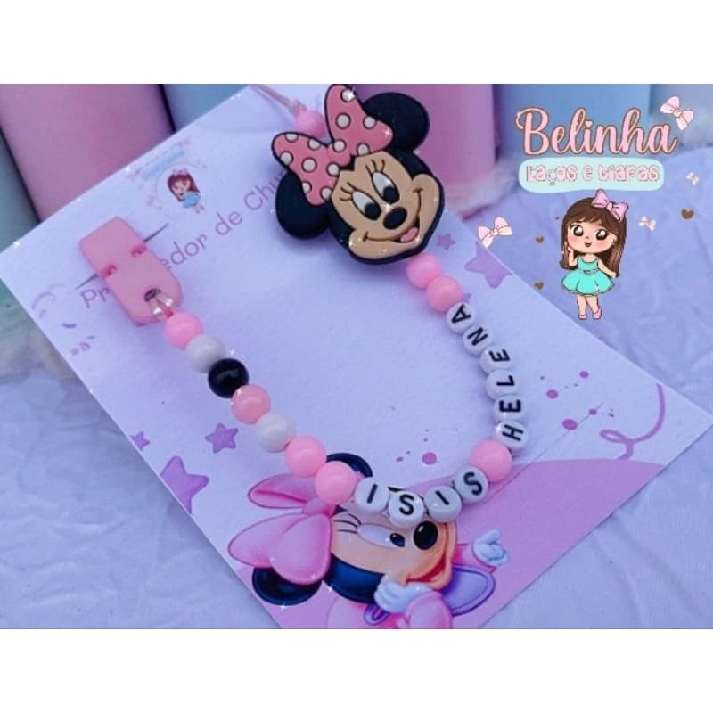 Prendedor de Chupeta Personalizado com Nome Minnie Rosa Porta Chupeta Bebê Menina Presente Maternidade Artesanal