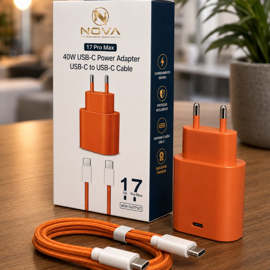 Carregador Turbo USB-C 40W com Cabo USB-C para USB-C | Carregamento Rápido | Compatível iPhone 15/16/17, Samsung, Xiaomi