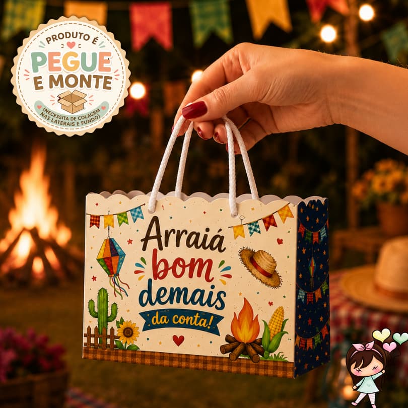 SACOLA FESTA JUNINA 20x15x5CM | PEGUE E MONTE | EMBALAGEM PARA DOCES, LEMBRANÇAS E PEQUENOS PRESENTES