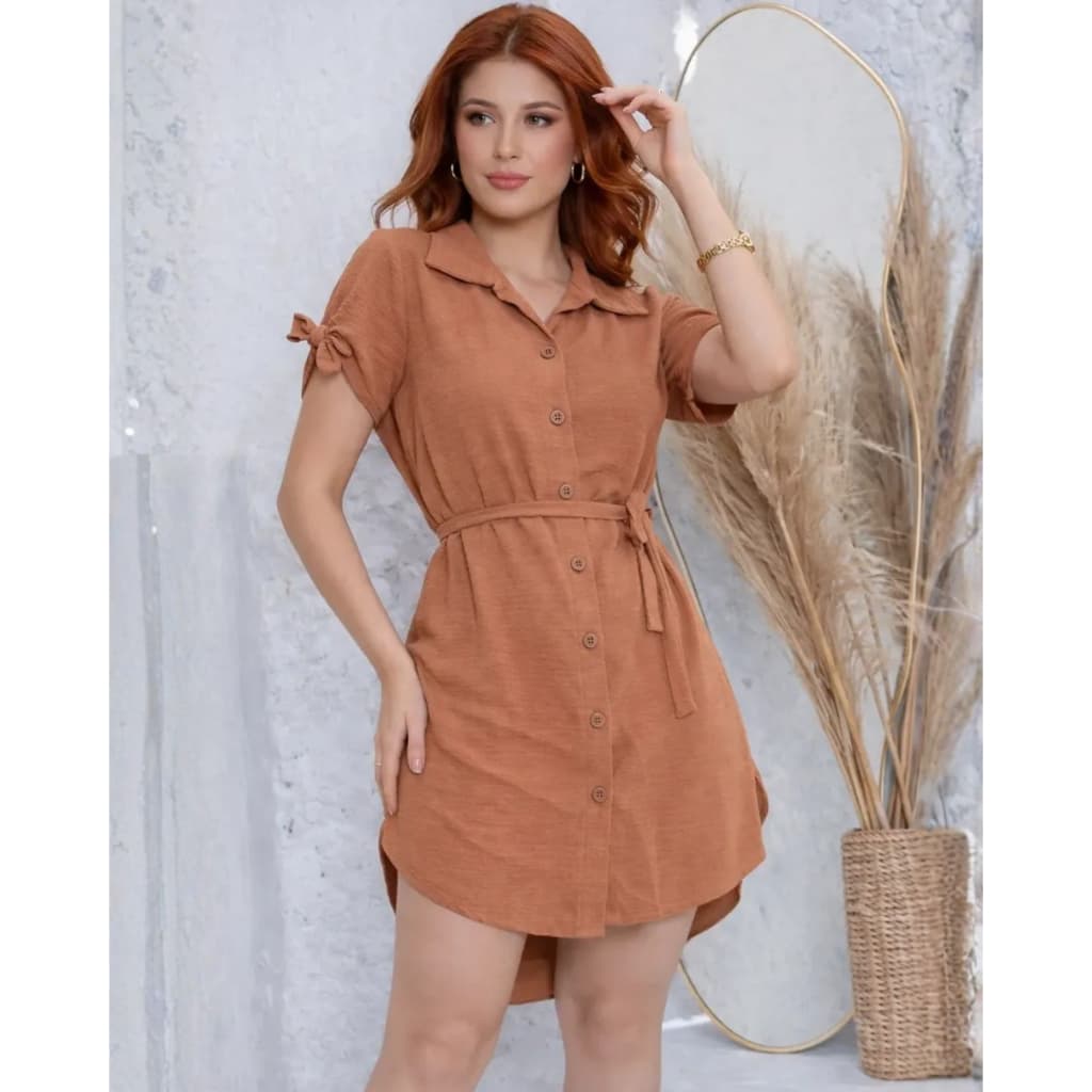 Chamise Vestido Feminino Com Botões Detalhe de amarrar na manga Chamise Curta Vestido Verão