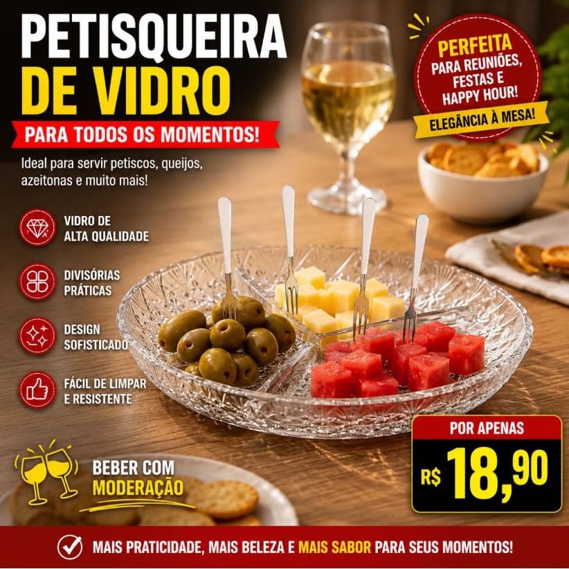 Petisqueira Gourmet Redonda de Vidro com 3 Divisórias muita praticidade