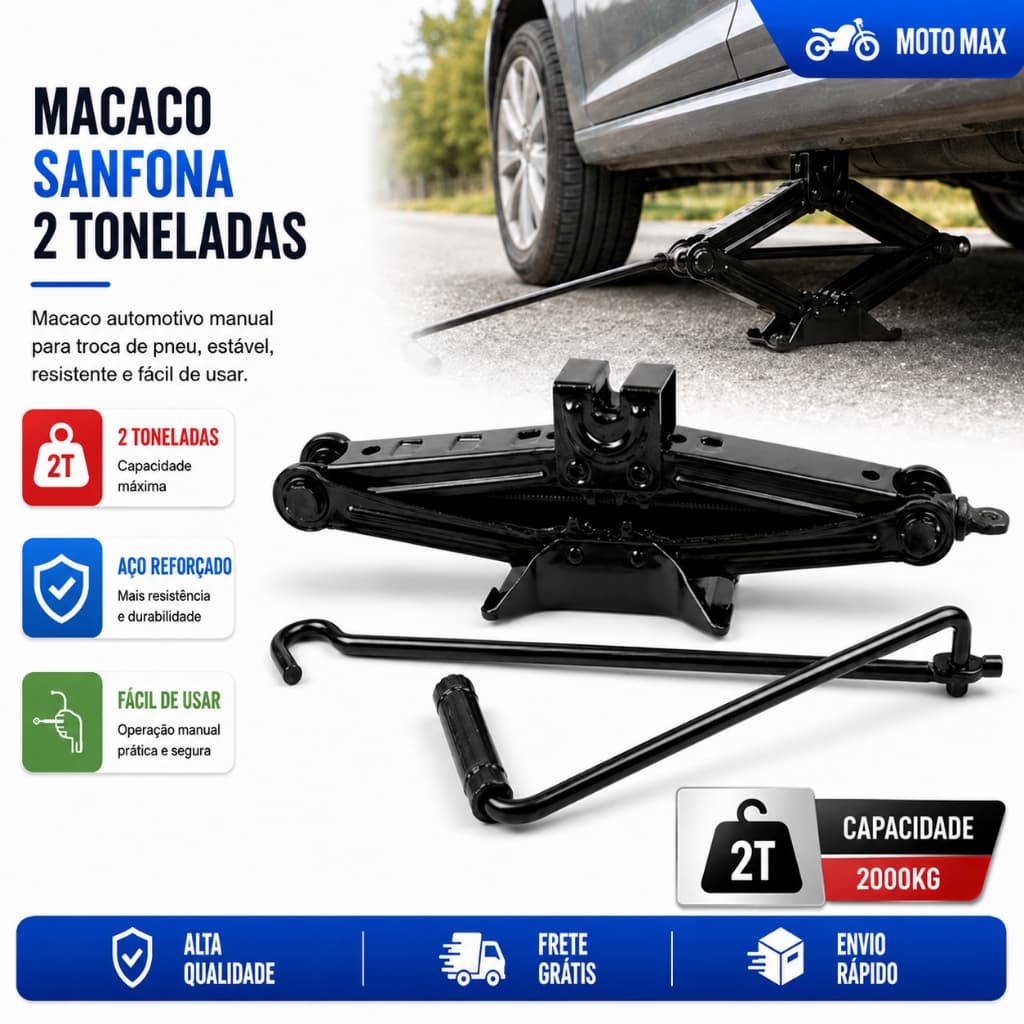 Macaco Sanfona de Carro Suporta 2 Toneladas 2000 kgs Jacaré Universal Original para Troca de Pneu