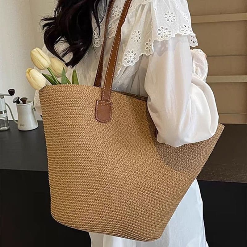Bolsa de palha feminina de grande capacidade para férias casuais praia portátil bolsa de ombro tecida