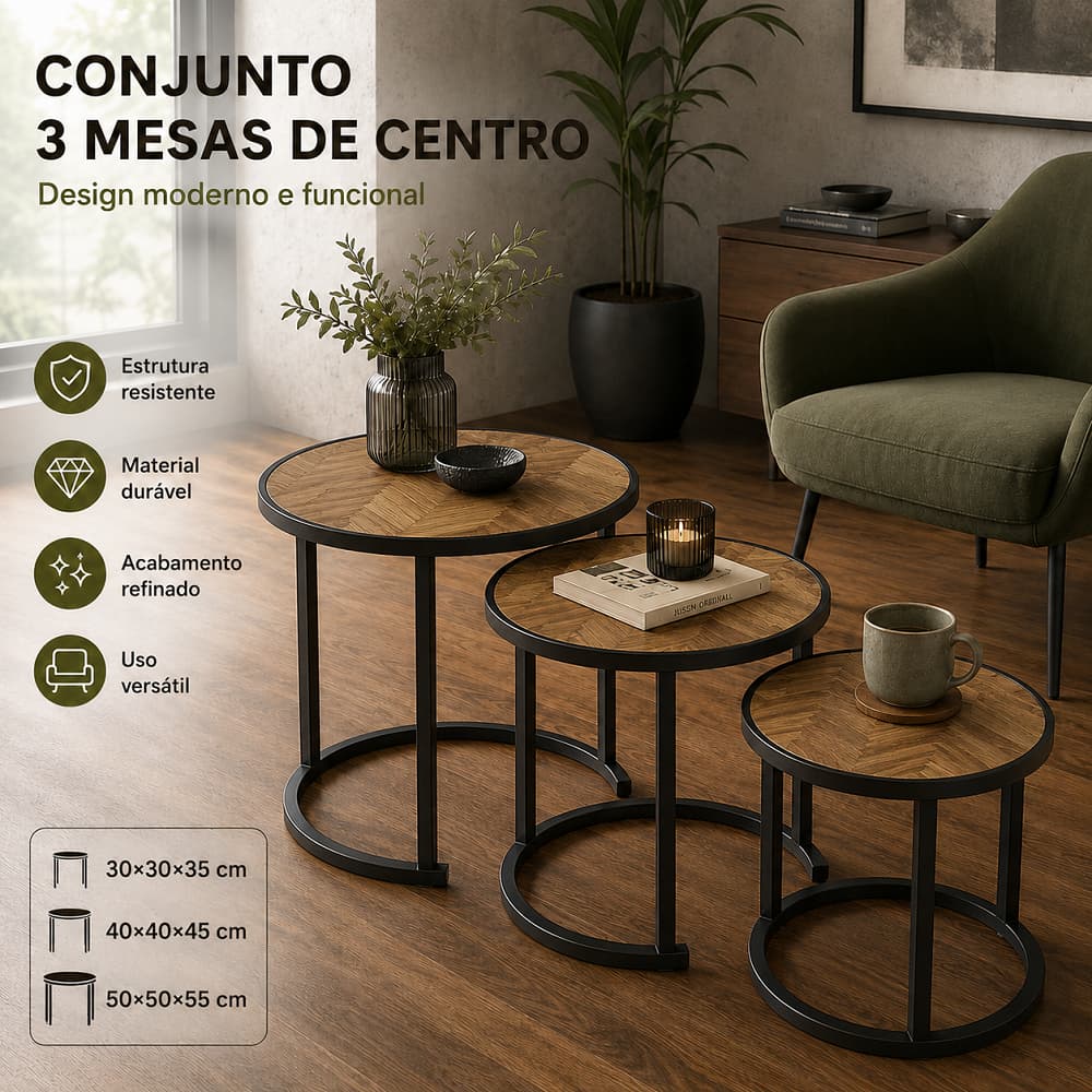 Kit Três Mesas De Apoio Nestáveis Com Estrutura Metálica, Tampo Madeirado, Podem Ser Usadas Juntas Ou Separadas Na Sala