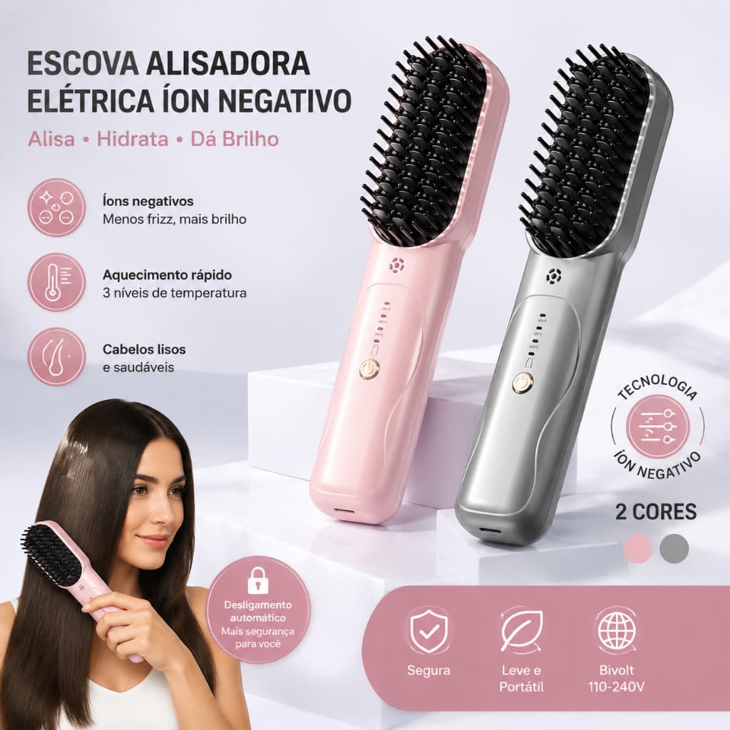 Escova Alisadora Elétrica De Cabelo Com Íons Negativos Sem Danificar Fios