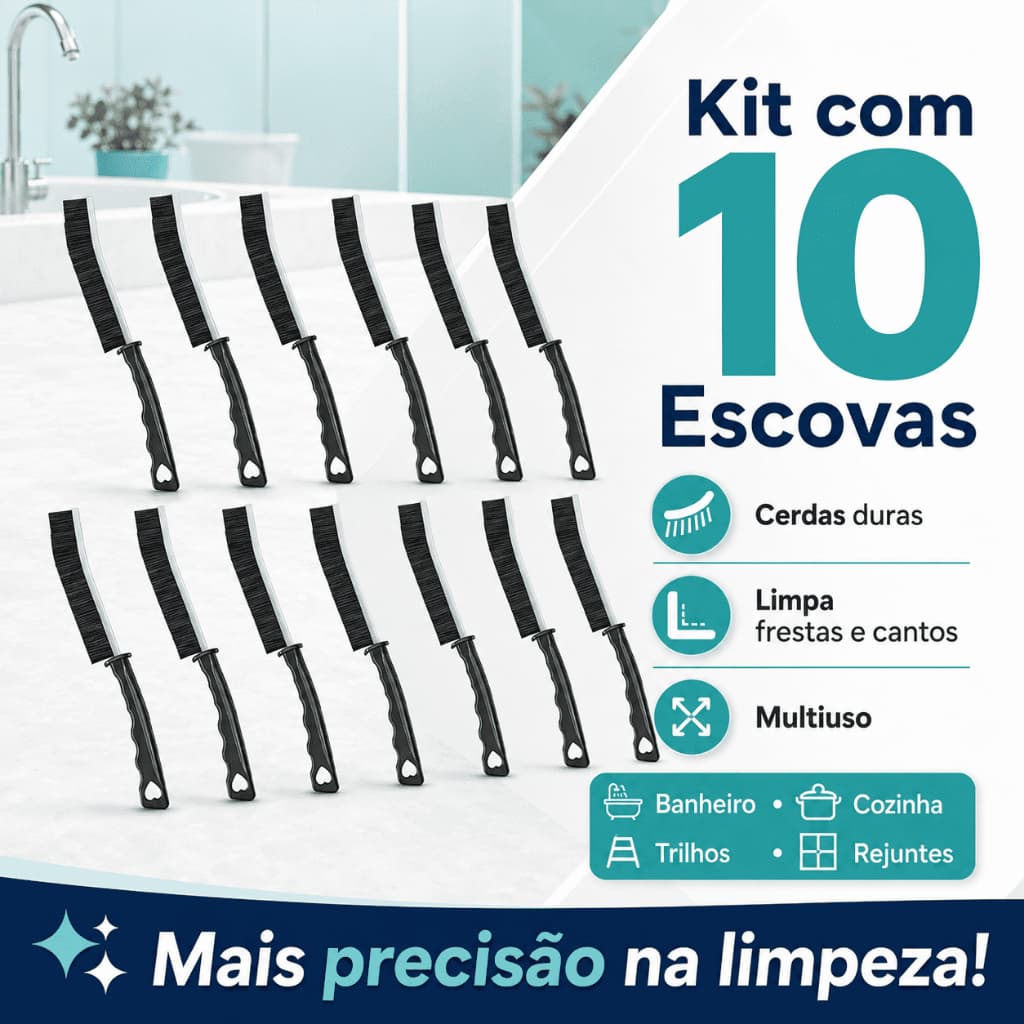 Kit 10 Escovas Multiuso com Cerdas Duras para Rejuntes Frestas e Cantos