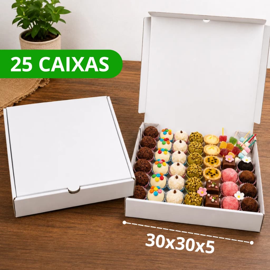 25 Caixas De Papelão 30X30X5 Branco Doces Salgados  Envios Montável