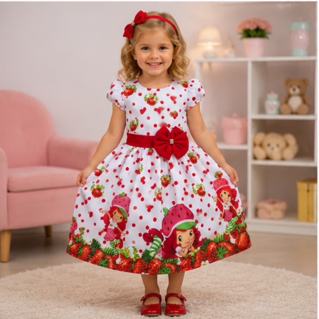 VESTIDO INFANTIL MORAGUINHO MENINA MORANGOS VERMELHOS FESTA ANIVERSÁRIO