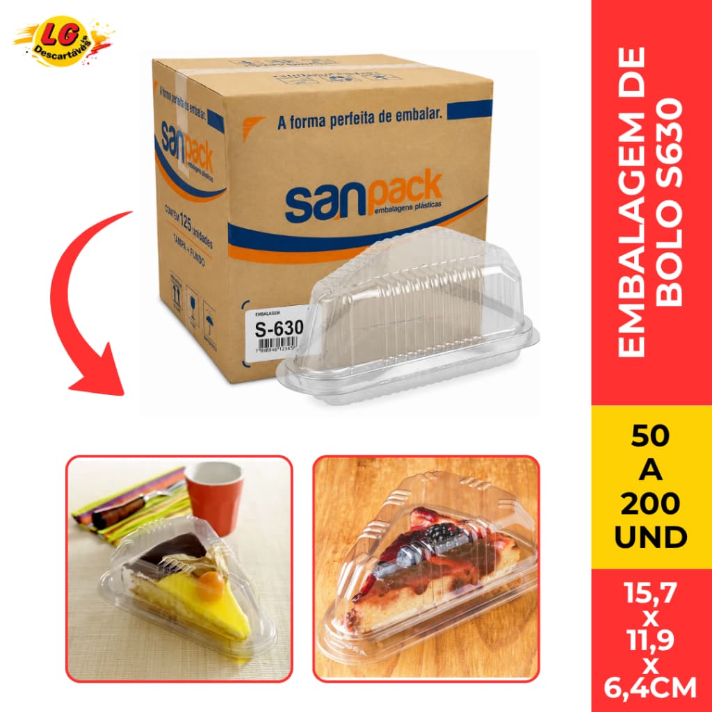 Embalagem Sanpack S630 PET Para Fatia de Bolo Torta Doce Com Tampa