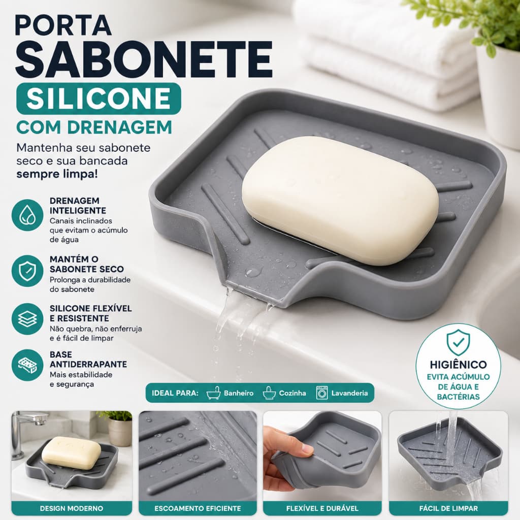 Porta Sabonete Silicone com Drenagem Escorredor Antiderrapante para Banheiro Cozinha Pia