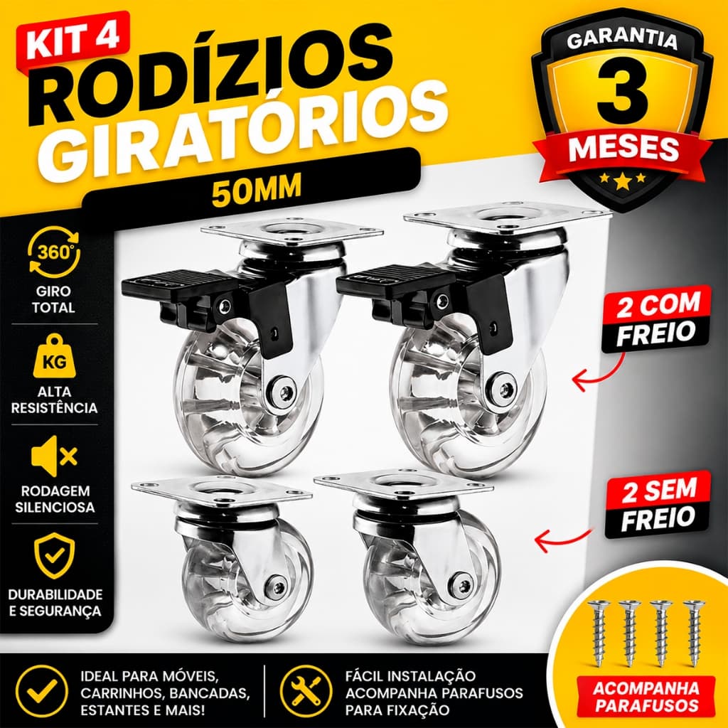 Kit 4 Rodízios 50mm Silicone Gel Giratório 2 Com Freio 2 Sem Freio Rodinha P/ Móveis Não Risca Piso