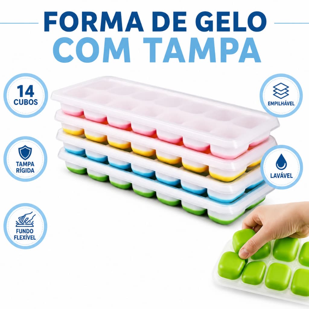 Forma de Gelo de Silicone com Tampa Rígida 14 Cubos Fundo Flexível Empilhável e Lavável