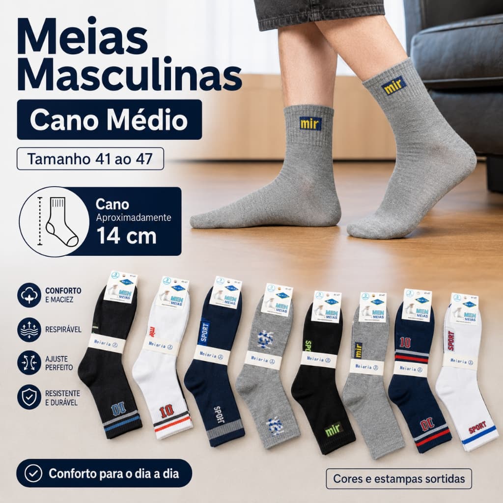 Meias Masculinas Cano Médio 14cm com Algodão Macias Confortáveis Respirável Tamanho 41 ao 47