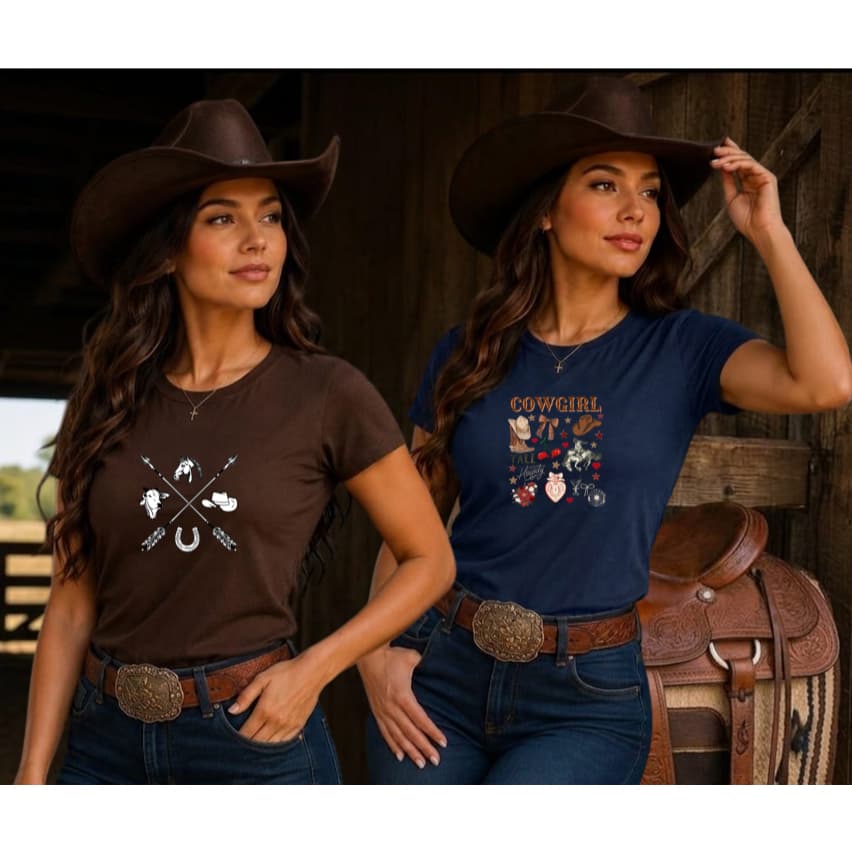 Kit 2 T-Shirt Country Camiseta Feminina Estampada 100% Algodão Cowgirl Rodeio Western Tendência Envio Imediato
