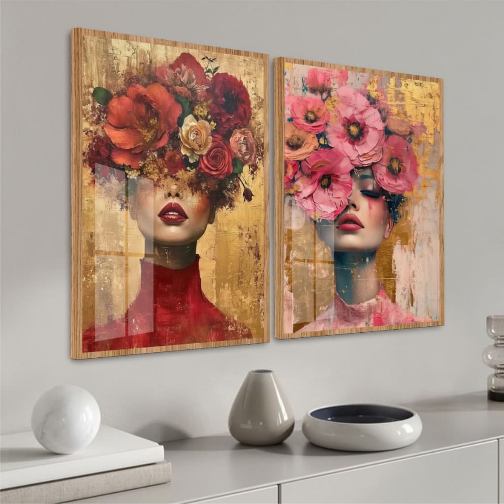 Kit Quadros Decorativos Mulheres Coroa De Flores Arte Moderna Abstrata Tons Quentes Dourado Bege
