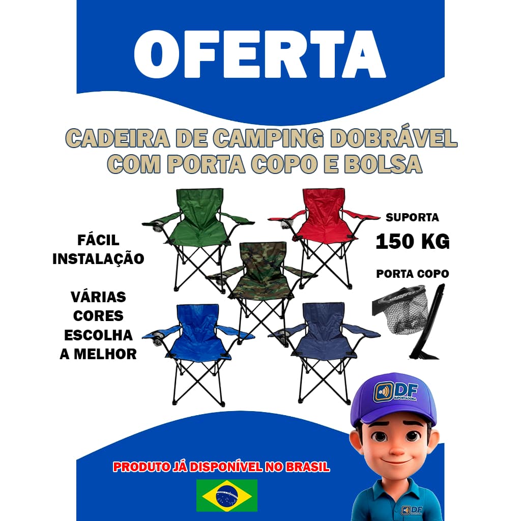 Cadeira Camping Pesca Praia Dobrável Porta Copo C/ Bolsa Suporta até 150kg