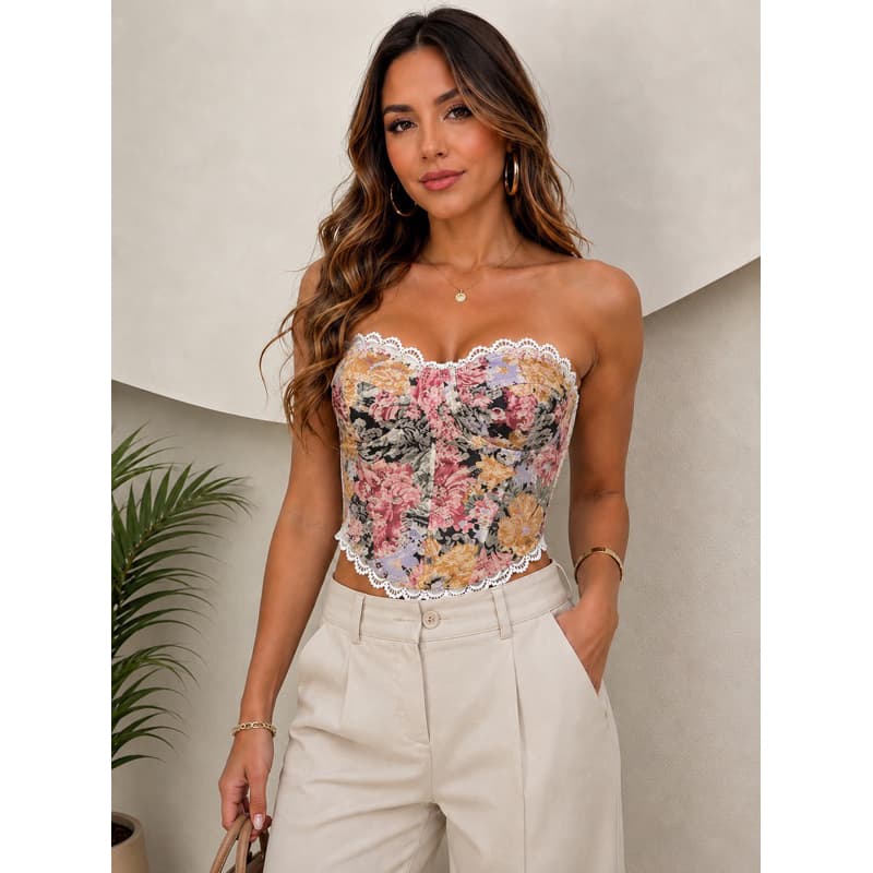 Corselet Feminino Floral Tomara que Caia com Renda Corset Elegante Alça Removível Moda Blogueira