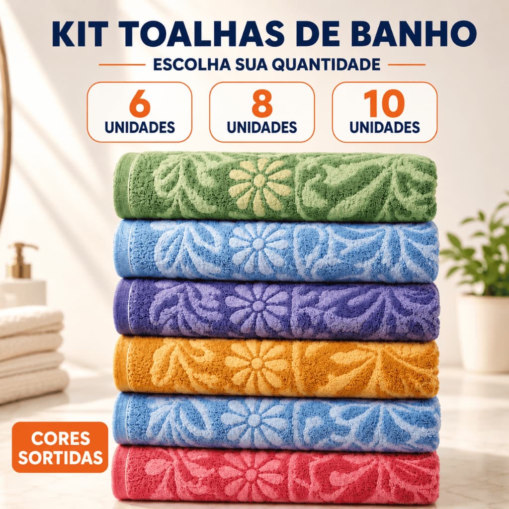 Kit Toalhas de Banho 6 8 ou 10 Unidades Grandes 140x70cm Felpudas Algodão Cores Sortidas