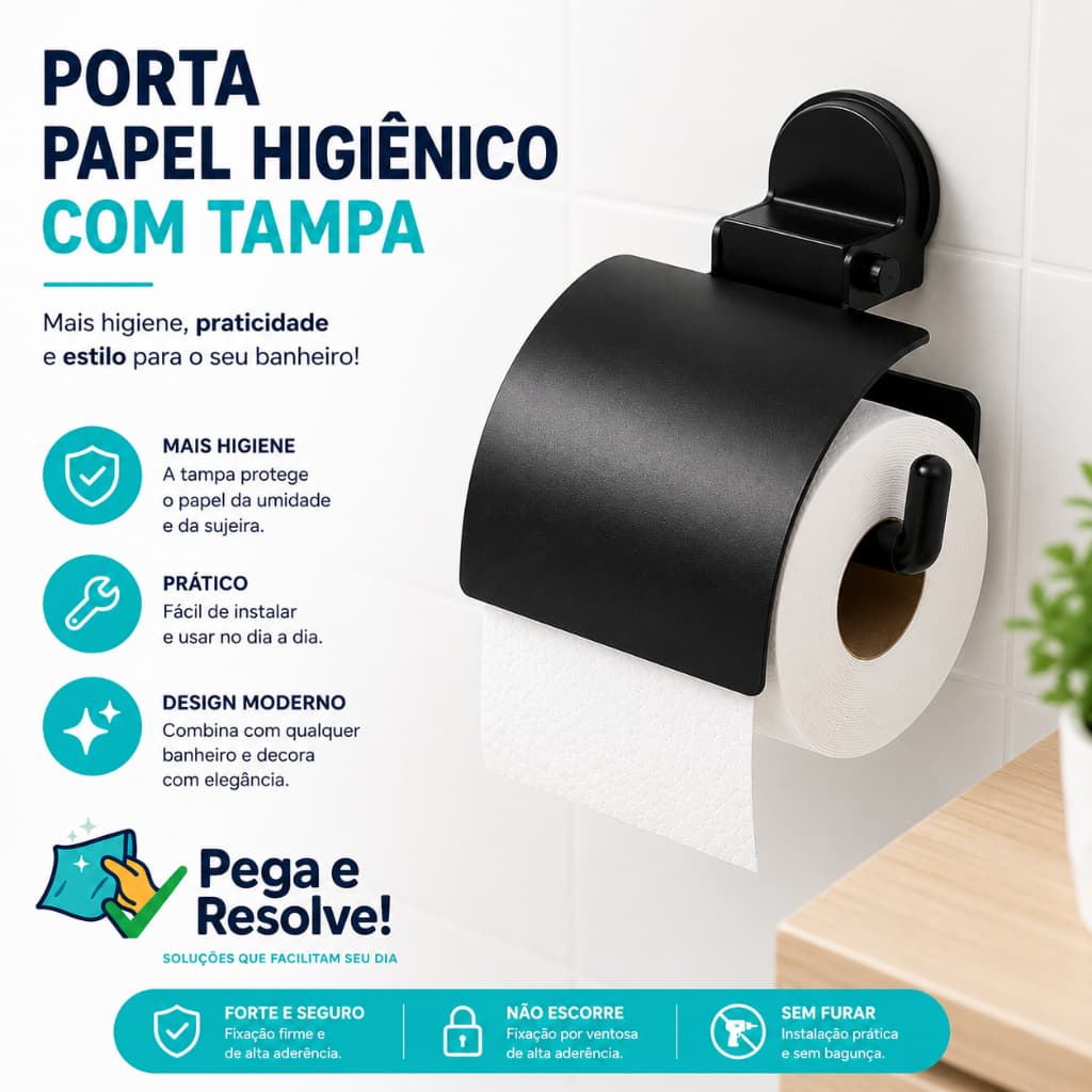 Porta Papel Higiênico Com Tampa Fixação Ventosa