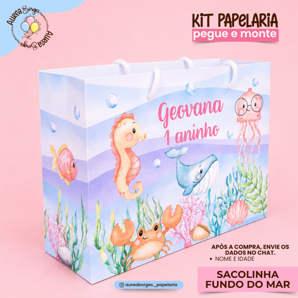 Sacolinha Personalizada Fundo do Mar Papel Offset 180g 15x19,5x7cm Festa Menina