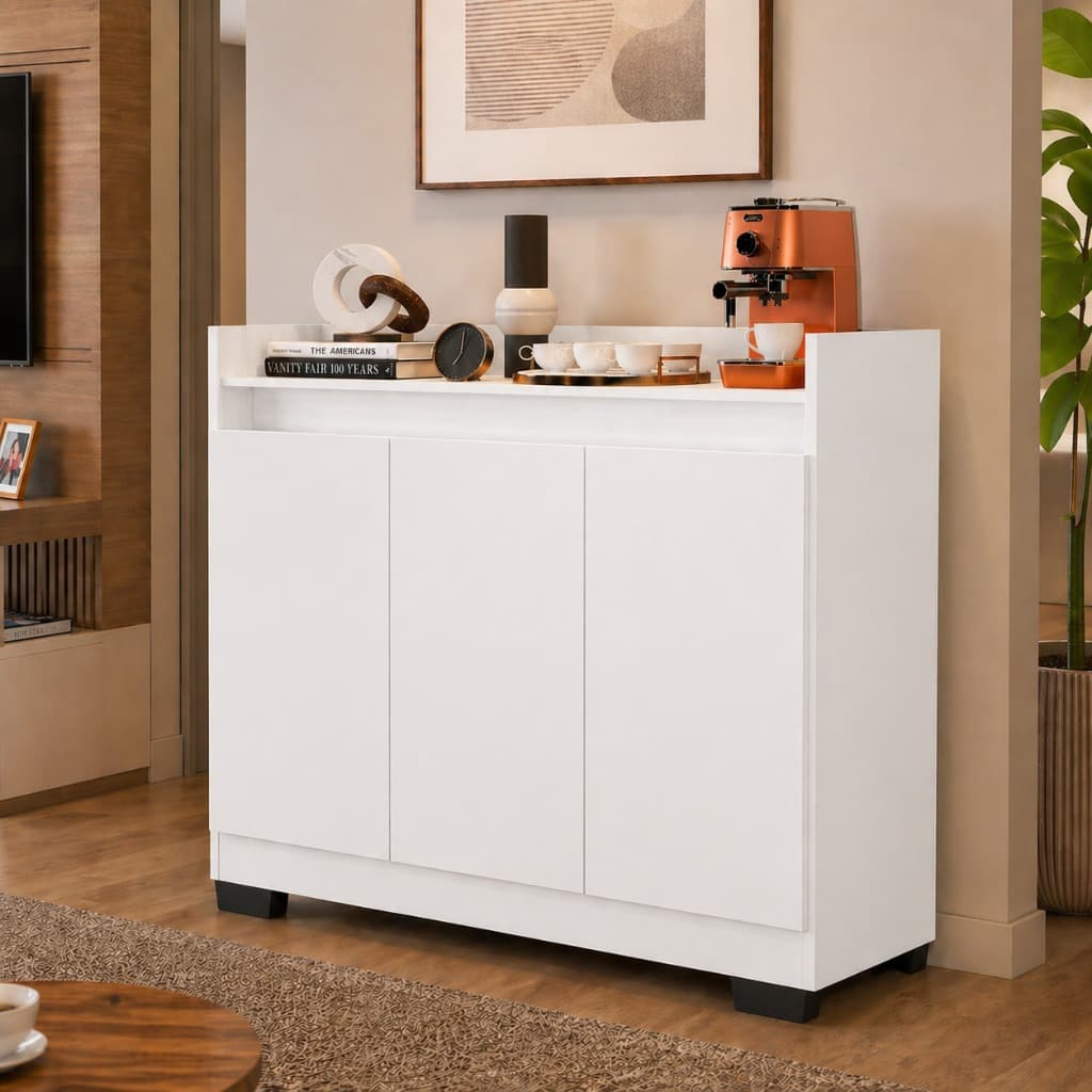 Aparador Buffet Ryzen 3 Portas Moderno Cantinho do Café Sala Cozinha Recepção Balcão - Branco
