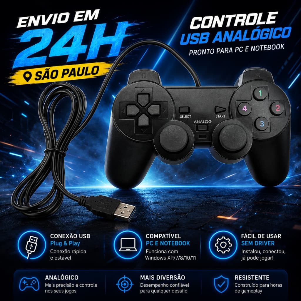 Controle USB Joystick Gamer com Cabo Controle para Jogos PC Notebook Computador