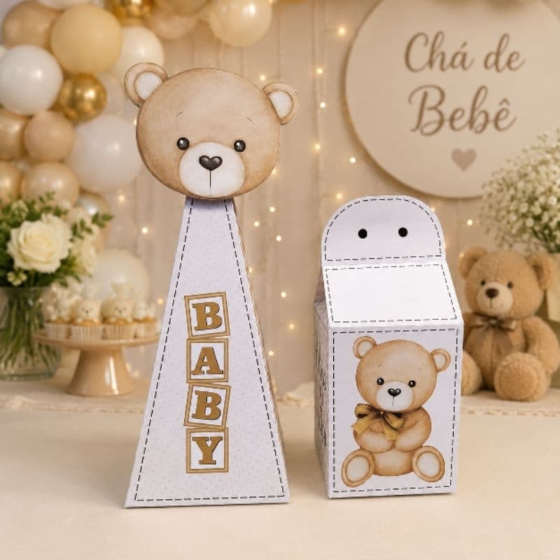 Kit Festa chá revelação ursinho bege Pegue e Monte | Caixa Milk + Caixa Pirâmide | Lembrancinhas em Papel