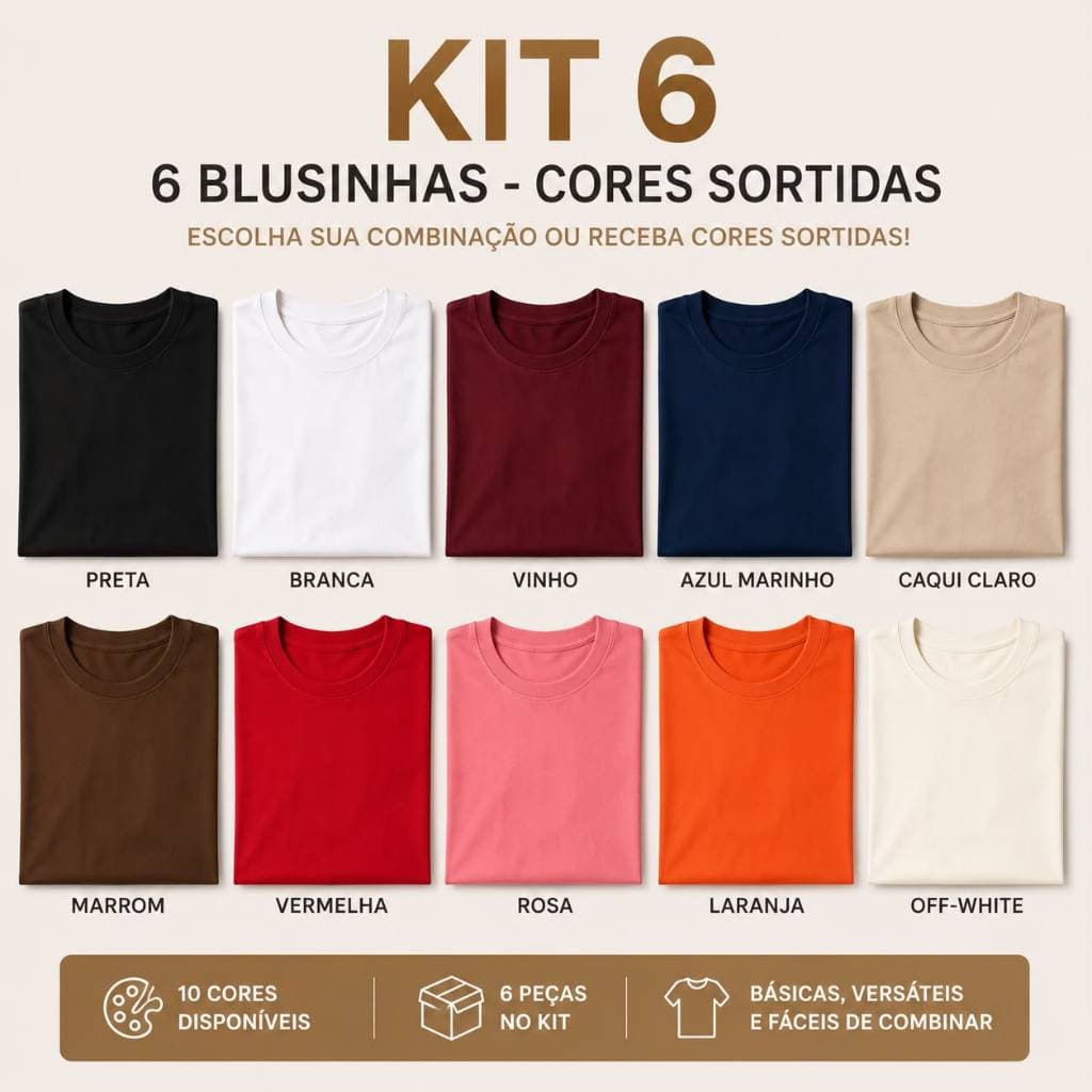 Kit 6 T-Shirt Feminina 100% Algodão Blusinha Manga Curta Casual Elegante Moda Feminino
