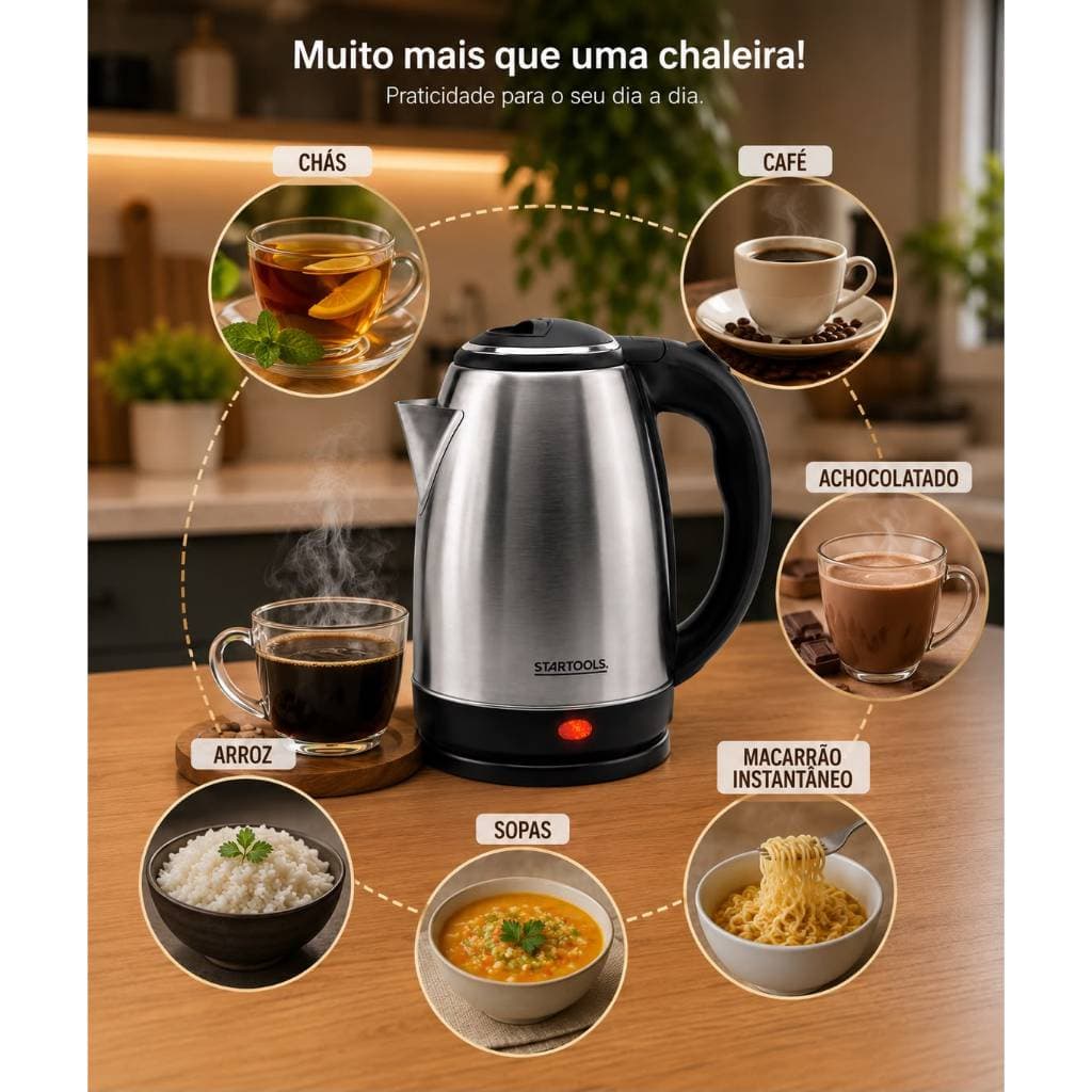 Chaleira Elétrica Inox 2 Litros 1000W 127V Base Giratória 360 Aquecimento Rápido Desligamento Automático