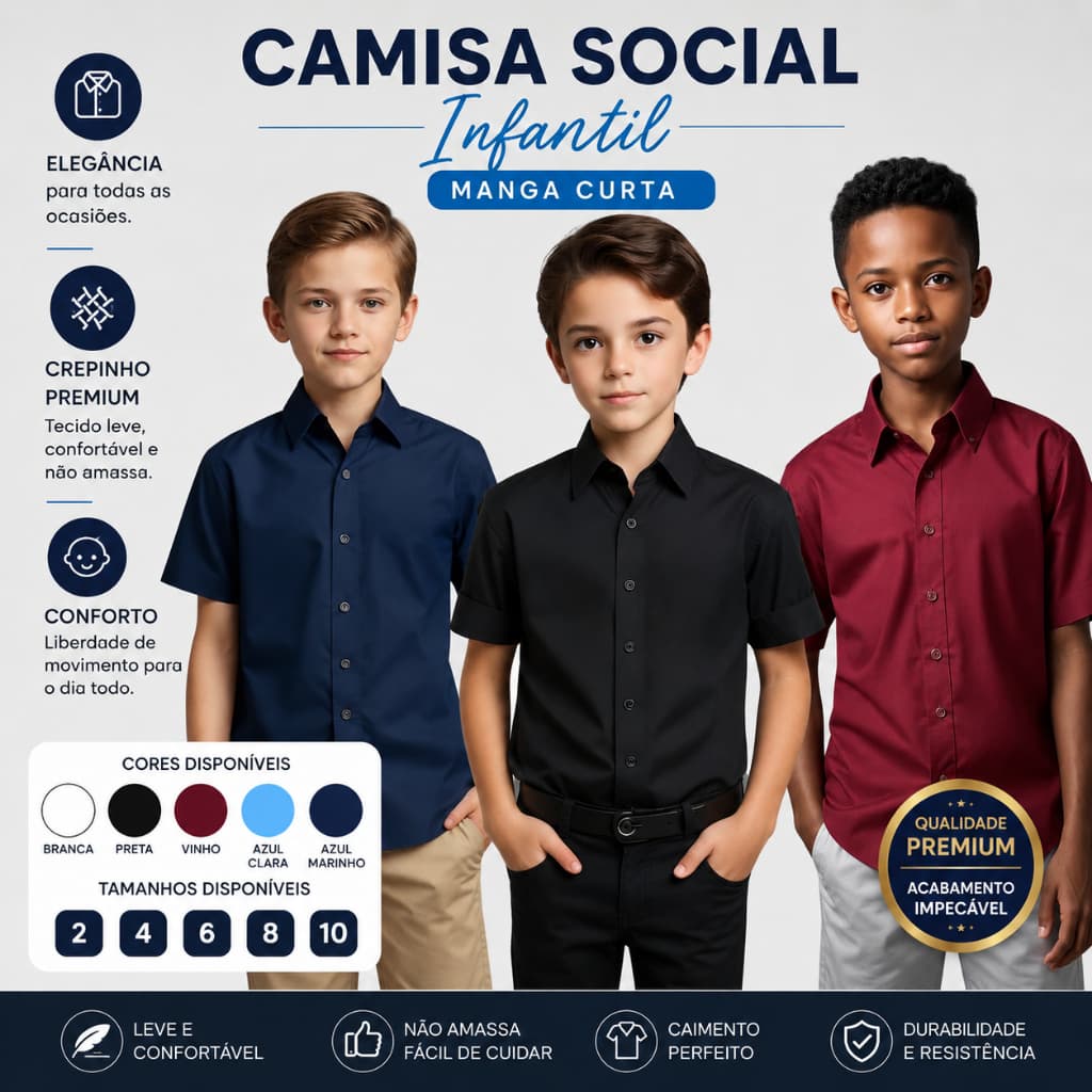 Kit 3 Camisas Sociais Manga Curta Infantil Lisa Tam 2 ao 10 - Envio Imediato !!!