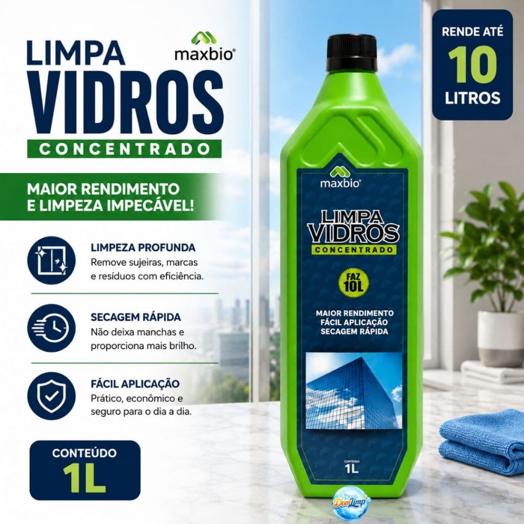Limpa Vidros Concentrado Maxbio 1L para Janelas e Superfícies de Vidro