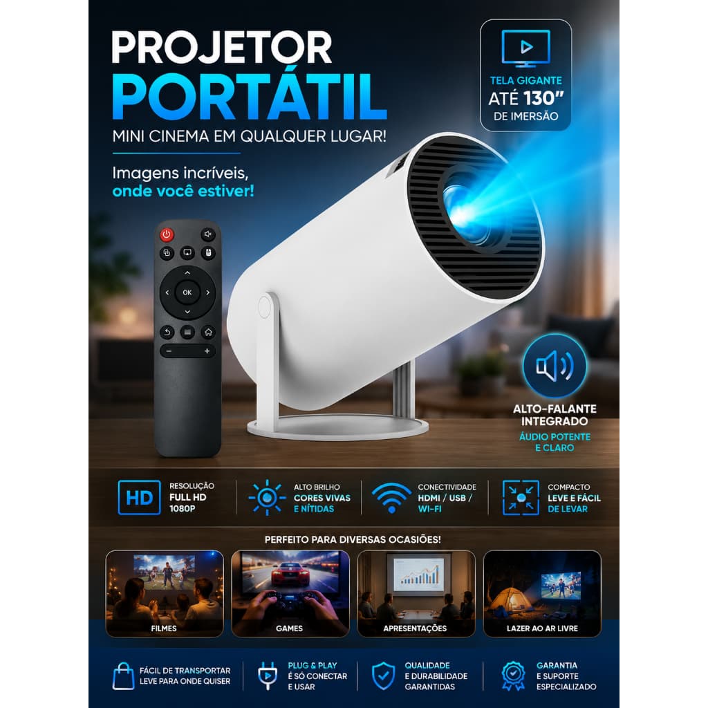 Projetor Cinema Portátil  Full HD Hy300: Portátil e Android com Bluetooth -  Casa- Escola- Viagens