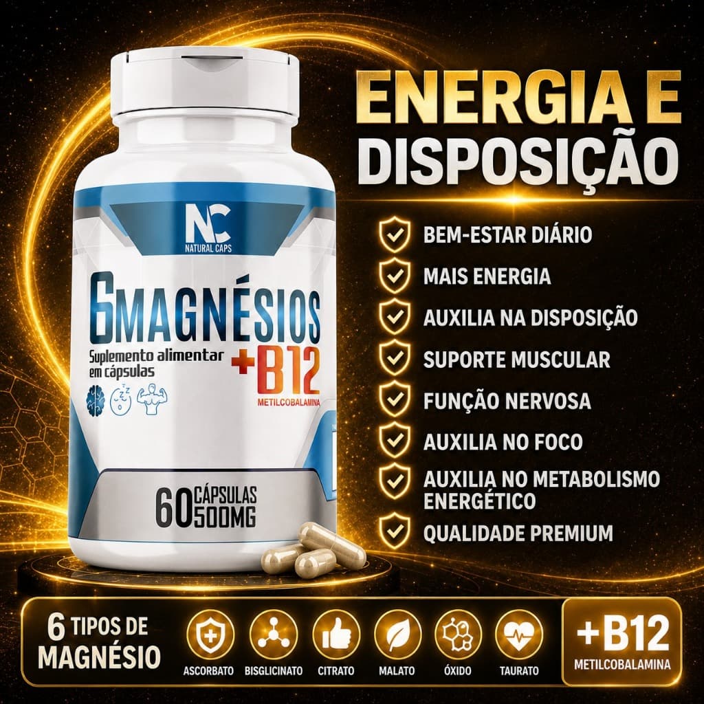 6 Magnésios + B12 60 Cápsulas 500mg Suplemento Alimentar Energia Disposição