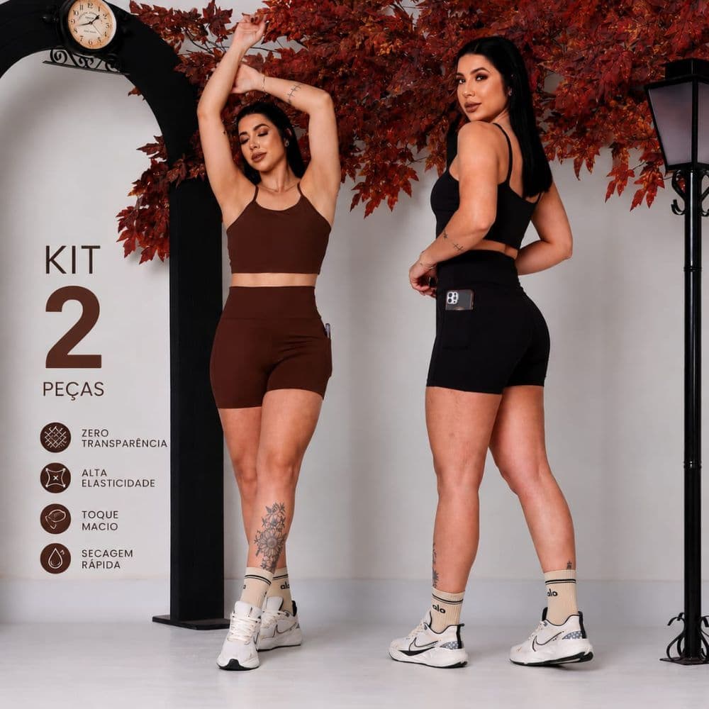 Kit 2 Conjuntos Fitness Feminino Poliamida Premium Academia Cintura Alta Sem Transparência Shorts com Bolso e Top