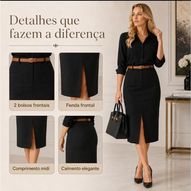 Saia Midi Alfaiataria com Cinto e Bolsos