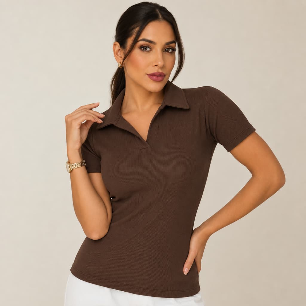 Blusa Gola Polo Feminina Elegante Básica Slim Ribana
