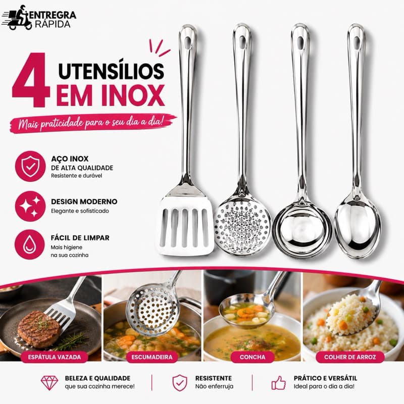 Kit 4 Utensílios para Cozinha de Inox Concha Colher de Arroz Espátula Vazada Escumadeira Casa 25cm