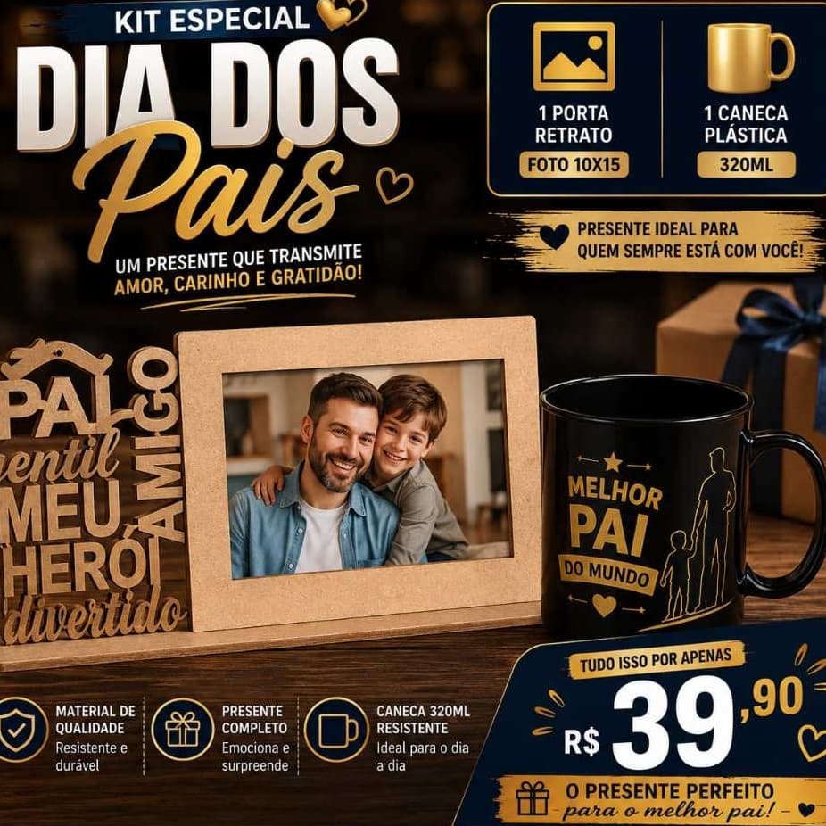 🎁 Kit Dia dos Pais Presente  Porta Retrato MDF + Caneca Plástica 320ml🎁