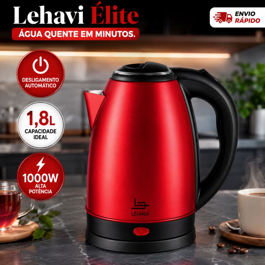 Chaleira Elétrica Inox 1,8 Litros Vermelha Alta Potência Fervura Rápida Desligamento Automático Base 360° Para Café Chá