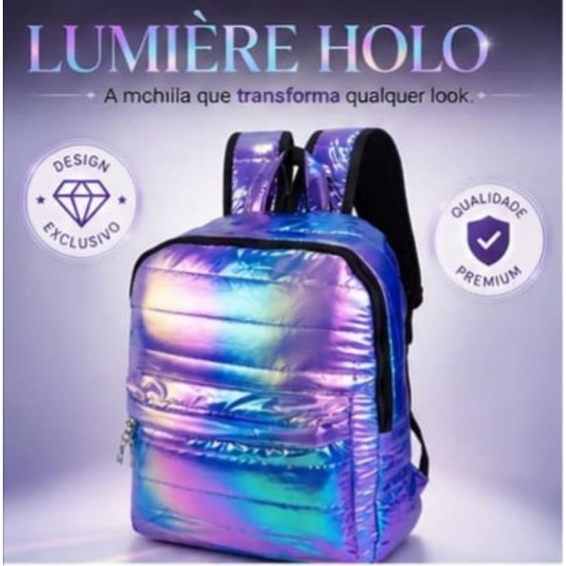 Mochila Holográfica Feminina Escolar Universitária Grande Metalizada Resistente Casual Fashion com Zíper