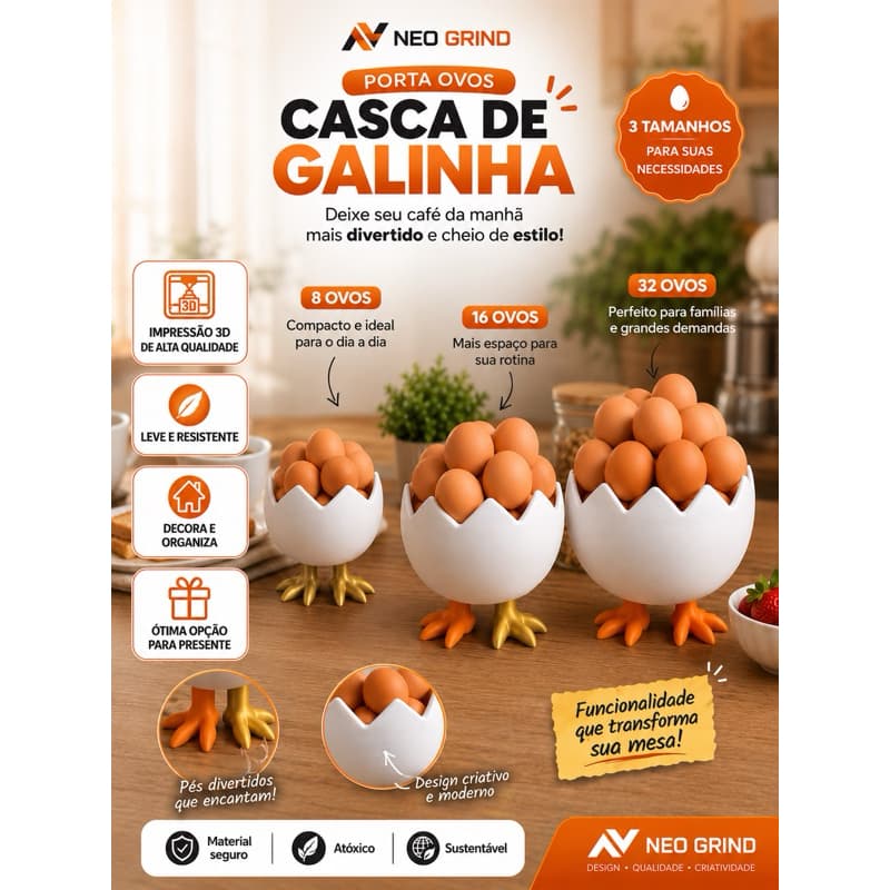 Porta Ovos Casca de Galinha Organizador de Ovos Decoração Cozinha 8, 16 e 32 Ovos